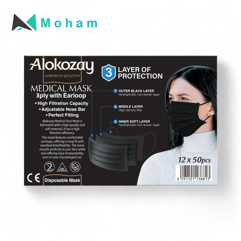 Alokozay Face Mask 50x3 plyx12 pcs English /Arabic - Black