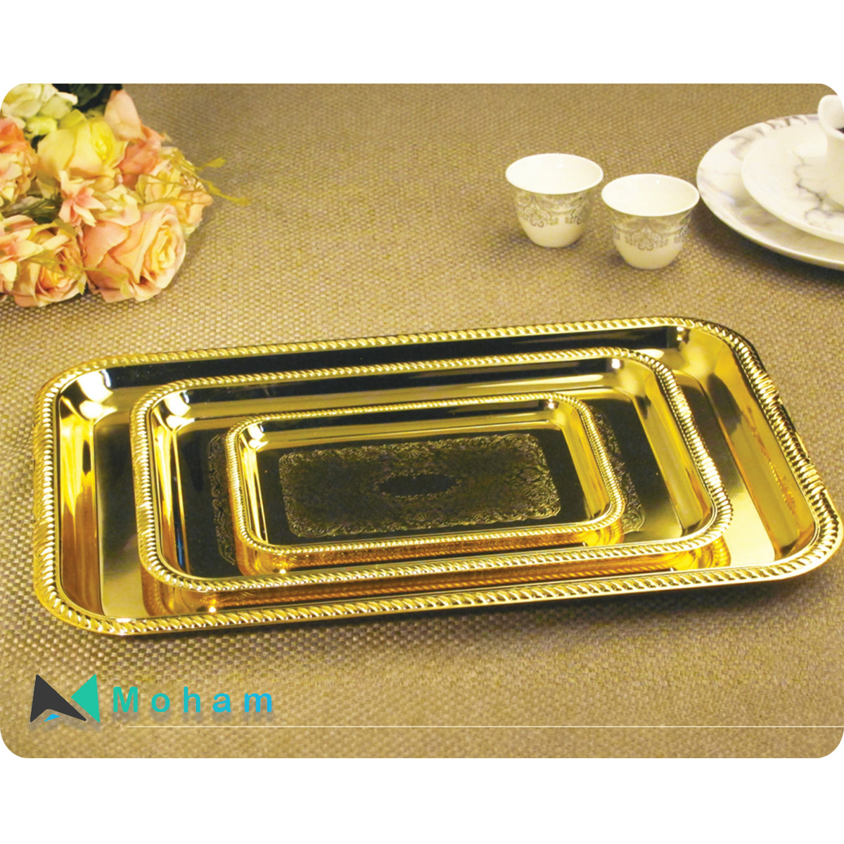 Set of 3 Gold Nesting Trays with Embossed Design - GER1805
