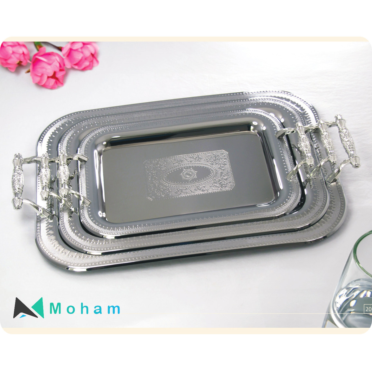Three-Tiered Stainless Steel Serving Tray with Gold Greek Key Handles - GER - 6817