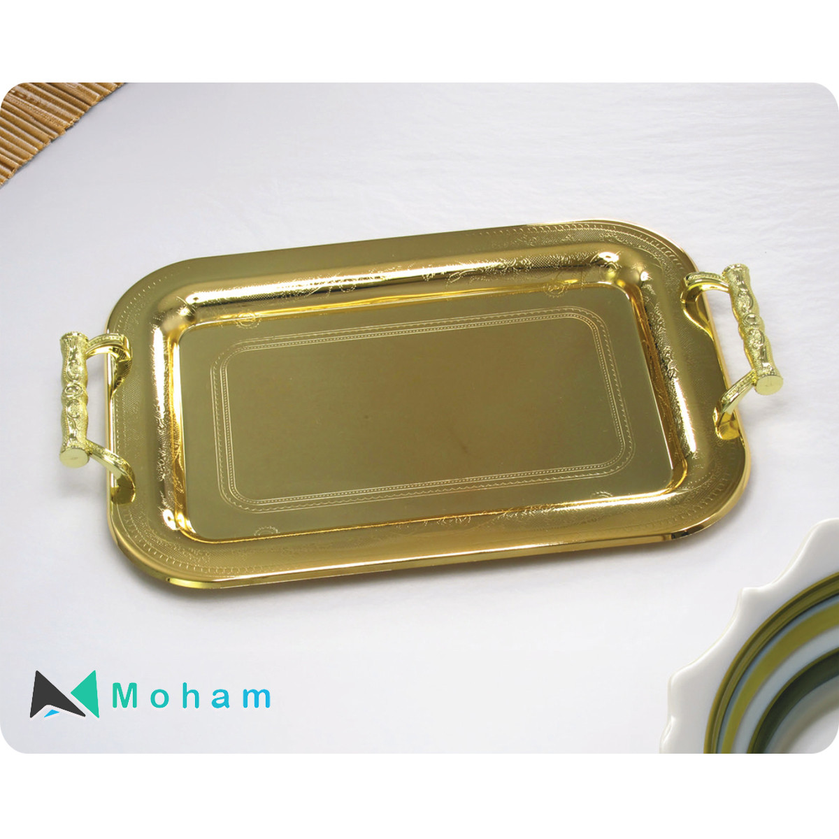 Rectangular Marble Patterned Tray with Gold Handles - GER 3659