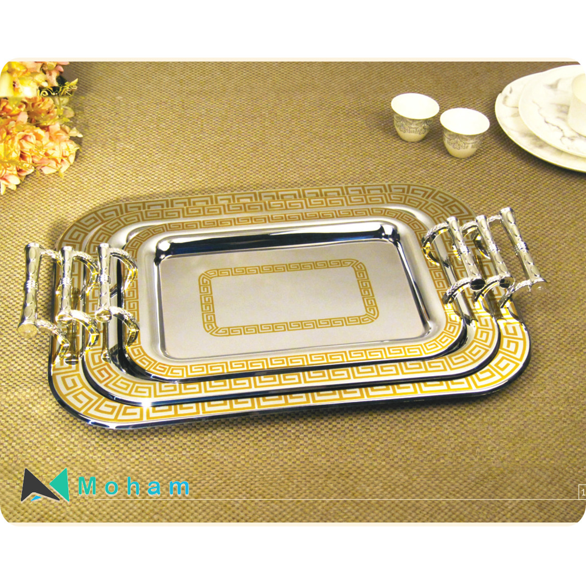 Three-Tiered Stainless Steel Serving Trays with Gold Greek Key Handles - GER 1752