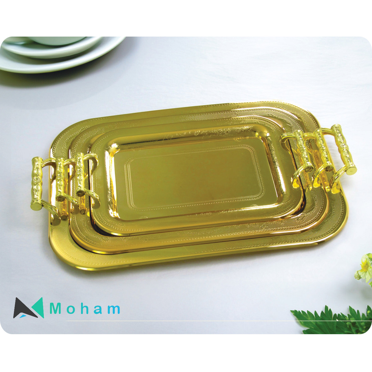 Set of 3 Gold Nesting Trays with Embossed Design and Bamboo-Style Handles - GER 1876