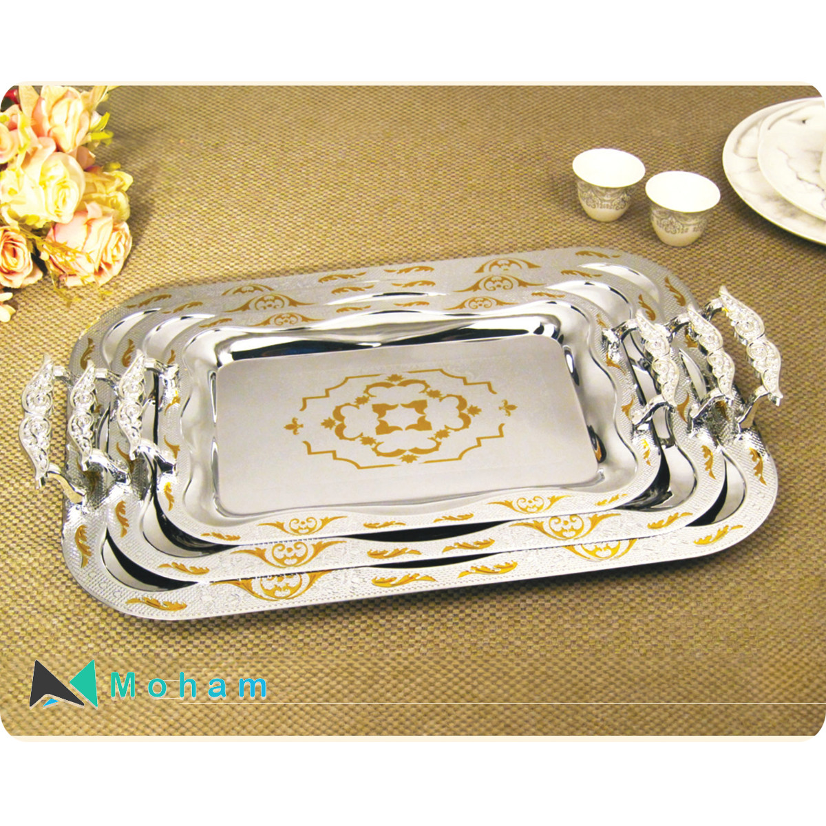 Three-Tiered Stainless Steel Serving Tray with Gold Greek Key Handles - GER 1754