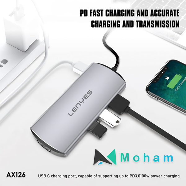 9 IN1 HUB USB LENYES AX126 Adapter Converter Type C To USB 2.0 3.0 VGA HDMI 4K LAN RJ45 Aux 3.5mm SD TF Card With PD3.0