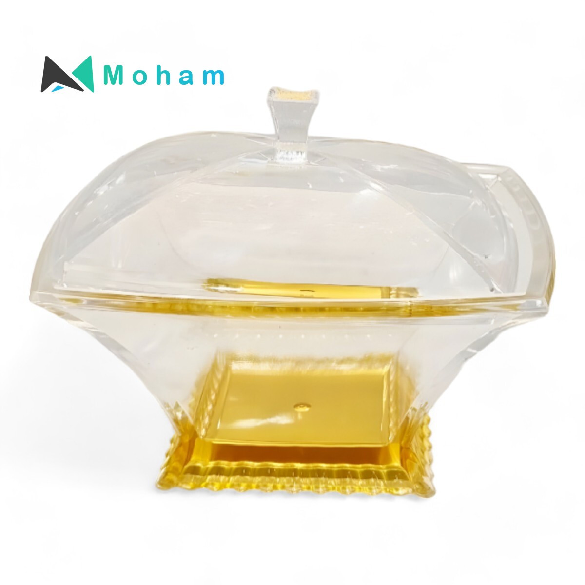 Germax Square Acrylic Serving Bowl with Gold Border and Clear Cover