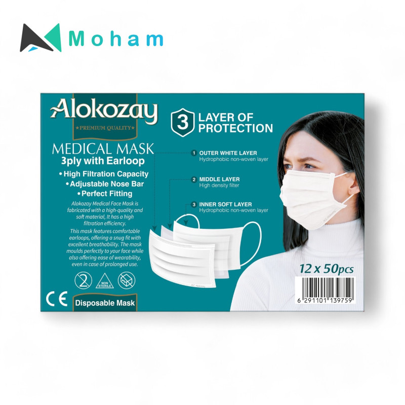 Alokozay Face Mask 50x3 plyx12 pcs English /Arabic - White