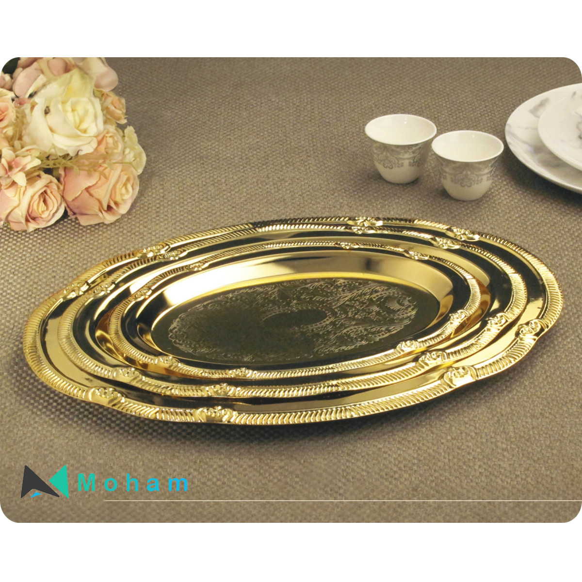 Set of 3 Gold Nesting Trays with Embossed Floral Design - GER 1732