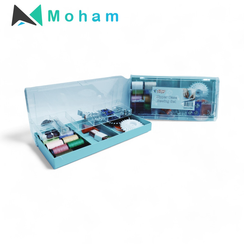 Open Wooden Sewing Box with Colorful Supplies