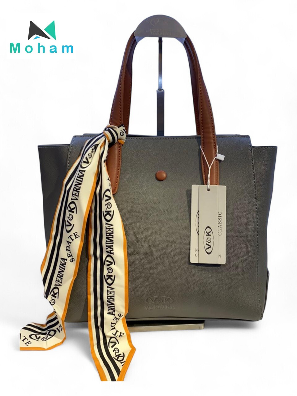 Grey tote bag with scarf